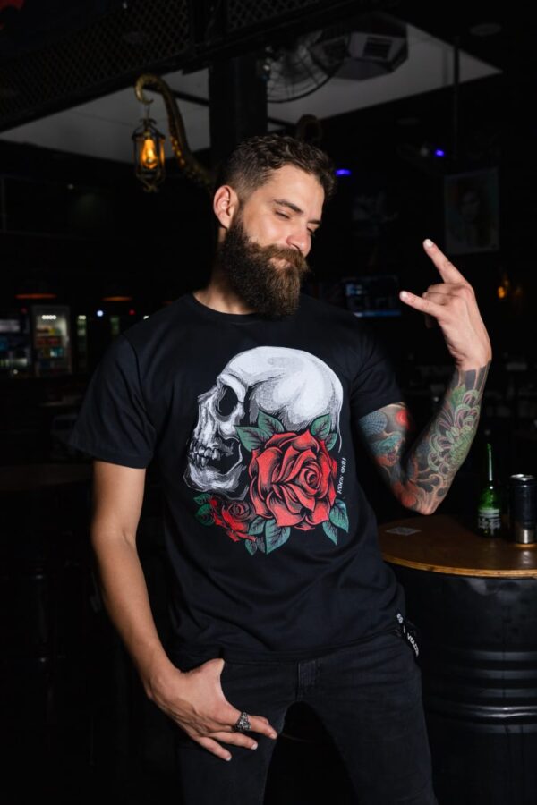 T-shirt Rockskill Skull And Rose Preta